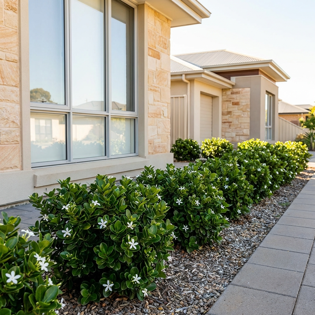 Desert Star (Carissa macrocarpa) evergreen shrubs with white flowers line a walkway beside a modern home featuring large windows and stone walls.