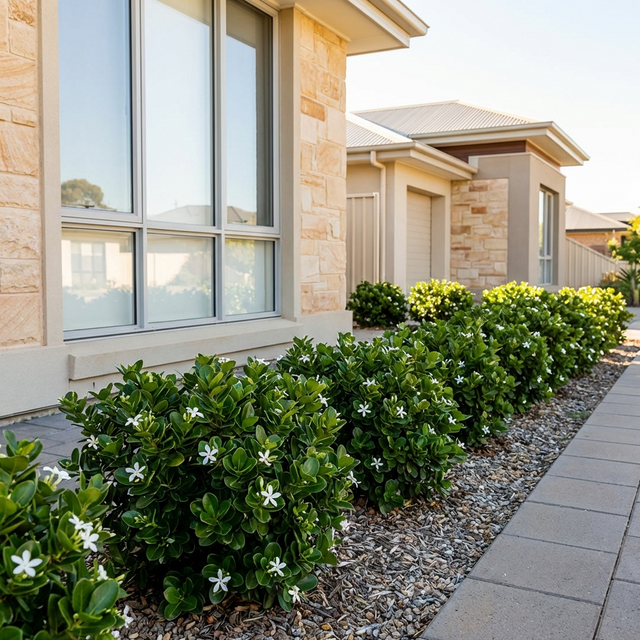 Desert Star (Carissa macrocarpa) evergreen shrubs with white flowers line a walkway beside a modern home featuring large windows and stone walls.