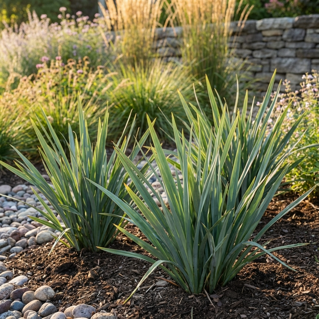 Dianella ‘Summer Rev,’ a drought-tolerant flax lily, brings vibrant green foliage to mulch beds edged with smooth stones and a stone wall, brightening this sunny garden.
