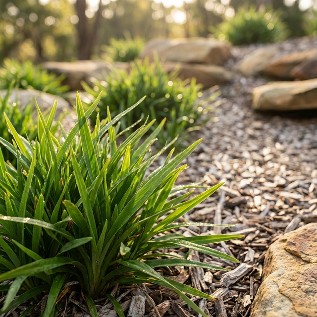Close-up of green grasses, featuring Dianella ‘Baby Breeze’, in a sunlit, low-maintenance garden with rocks and wood chip mulch on the ground.