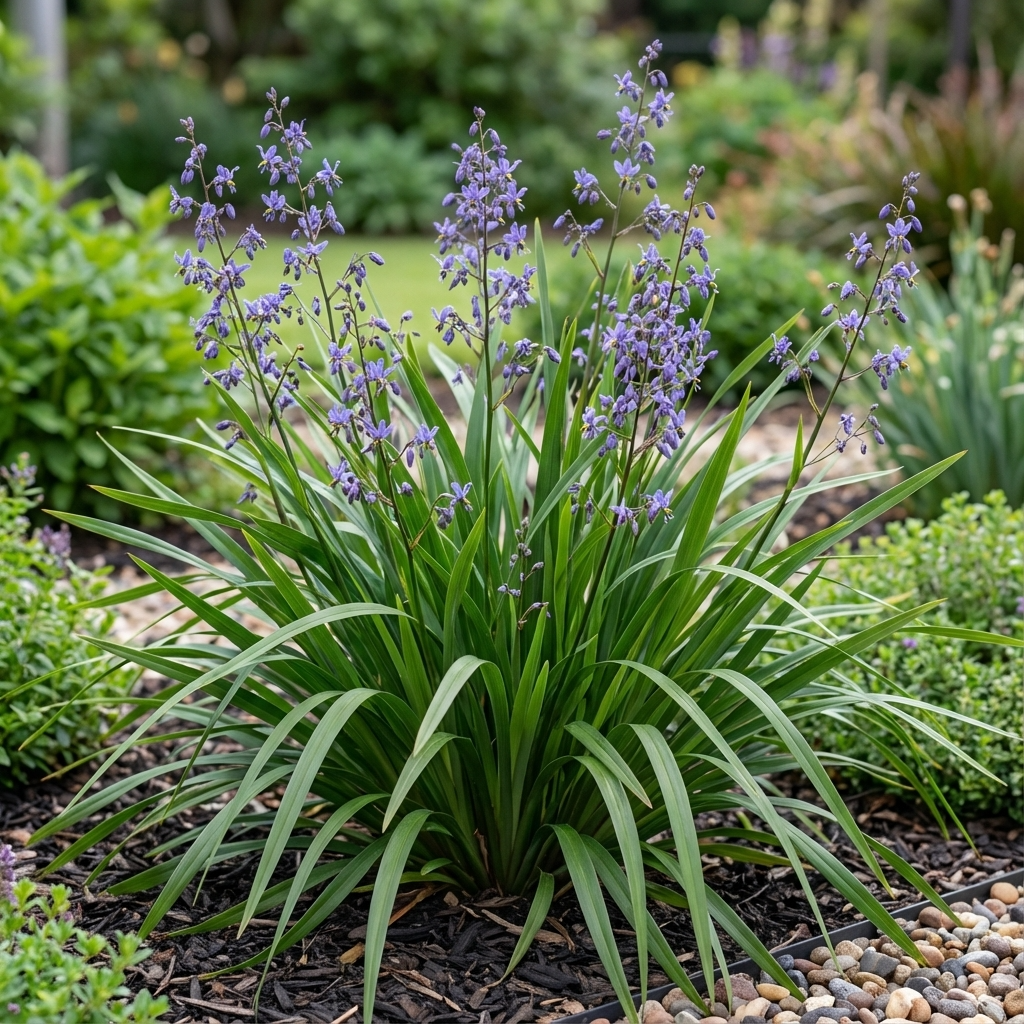 Dianella ‘Emerald Fountain’ is a native flax lily with green leaves and tall stems topped by small purple flowers, ideal for low-maintenance gardens.
