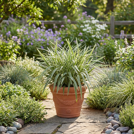 A potted spider plant sits on a stone path in a lush, sunlit garden with flowers, greenery, and the drought-tolerant Variegated Flax Lily - Dianella ‘Silver Streak’.
