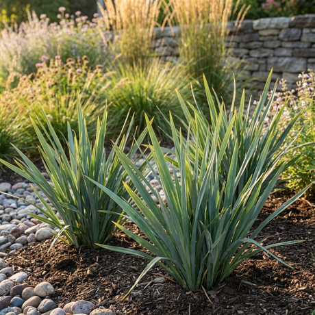 Dianella ‘Summer Rev’ adds vibrant, low-maintenance green foliage to landscaped gardens with mulch, smooth pebbles, and a stone wall in the background.