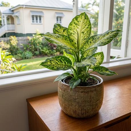 Dumb Cane - Dieffenbachia ‘Amy’ in a pot sits on a wooden table by an open window, with views of a house and garden outside. This air-purifying plant brings fresh charm to your living space.