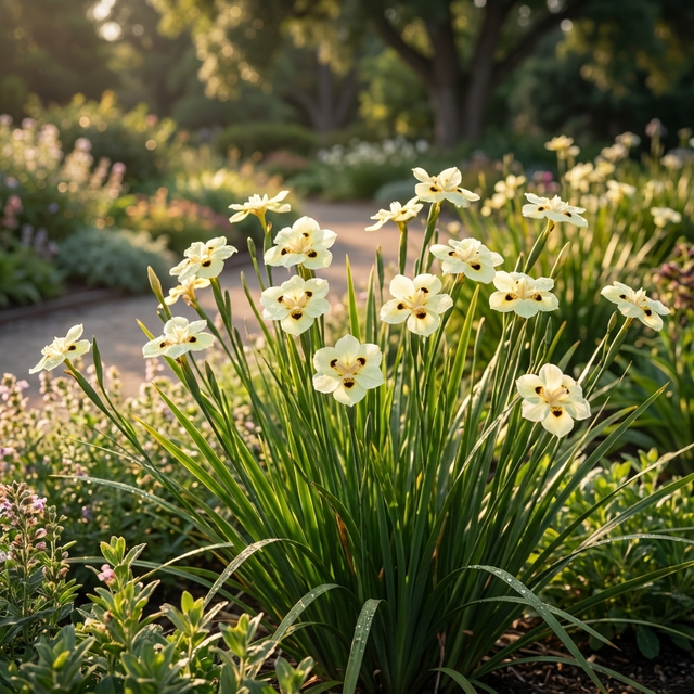 Peacock Flower (Dietes bicolor), with yellow blooms and slender green leaves, adds color to a sunlit garden, set against trees and winding paths.