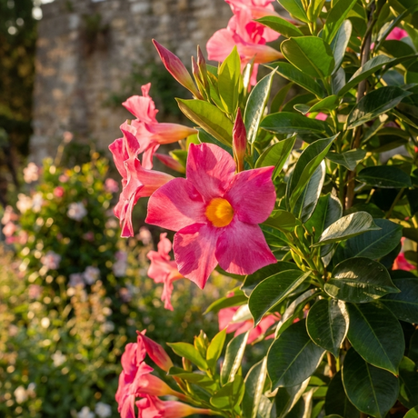 Red Brazilian Jasmine (Dipladenia Red Form), a striking flowering vine, flourishes in sunlight with vibrant red blooms and glossy green leaves, set against a softly blurred stone wall background.