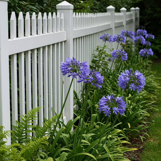 Purple and blue flowers, such as the drought-tolerant Double Blue Boy Agapanthus (Agapanthus 'Double Blue Boy'), bloom beside a white picket fence in a garden lush with green foliage.