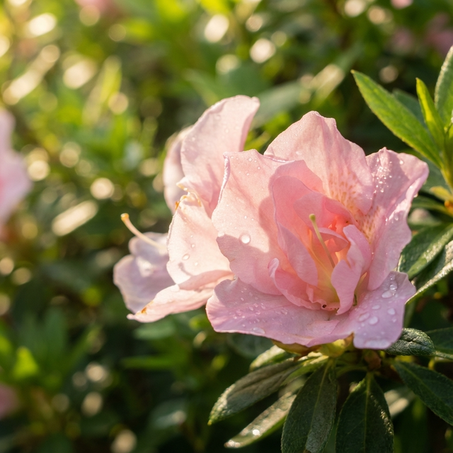 Close-up of pink Dreamtime Azalea - Azalea indica 'Dreamtime' flowers with dew drops and green leaves in soft sunlight—an evergreen azalea ideal for shady gardens.