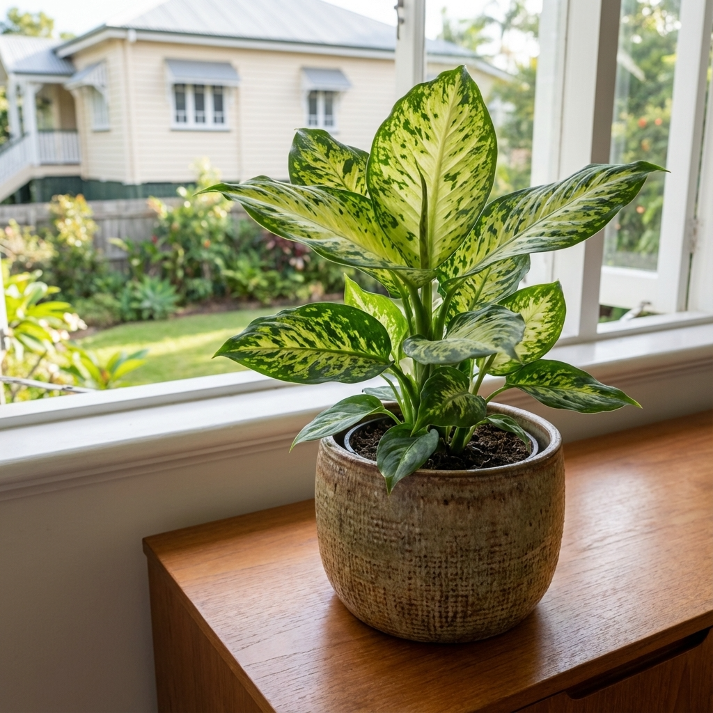 Dumb Cane - Dieffenbachia ‘Amy’, an air-purifying indoor plant, rests in a pot on a wooden table near a window, with views of a house and garden outside.