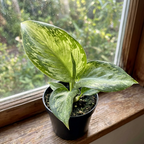 A Dumb Cane (Dieffenbachia Memoria Corsii), a compact air-purifying houseplant with striking variegated green leaves, is displayed on a sunlit windowsill.