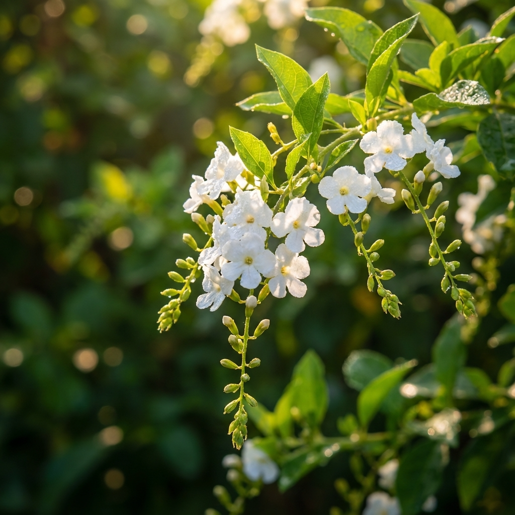 White flowers and green leaves adorn this sunlit Alba Duranta - Duranta repens / Duranta erecta 'Alba', a fast-growing shrub set against a blurred green background.