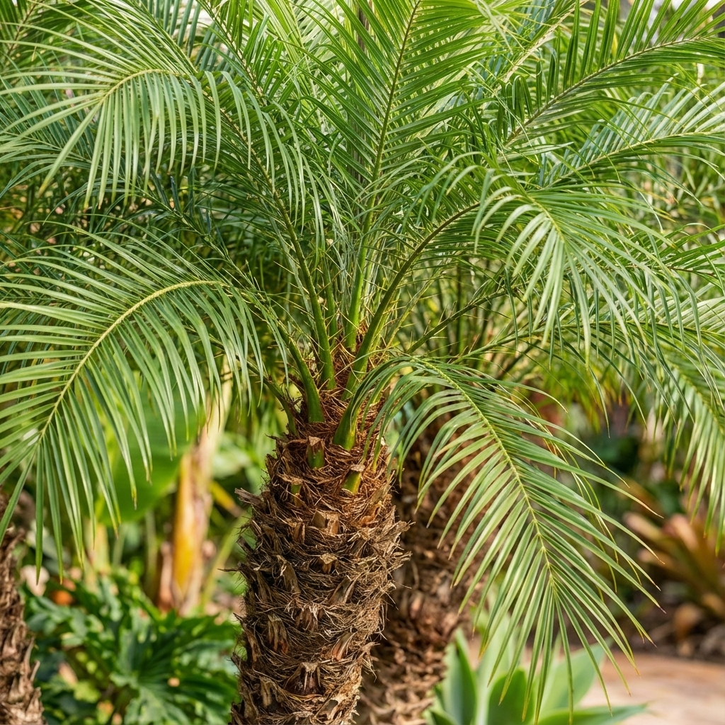 Close-up of the Dwarf Date Palm (Phoenix roebelenii) highlights its feathery green fronds and textured trunk amid lush foliage, capturing this compact palm's tropical charm.