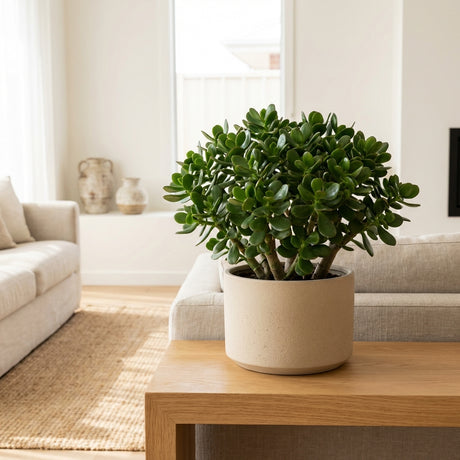 A Dwarf Jade Plant - Crassula ovata 'Compacta' / Portulacaria afra in a beige pot sits on a wooden table in a bright, modern living room, bringing charm as an easy-care indoor succulent.