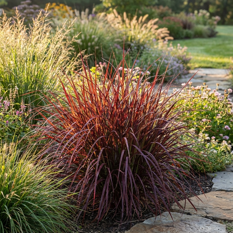 Dwarf Purple Fountain Grass (Pennisetum setaceum) adds bold burgundy color to sunny gardens, with slender arching leaves rising above green plants and along stone paths.