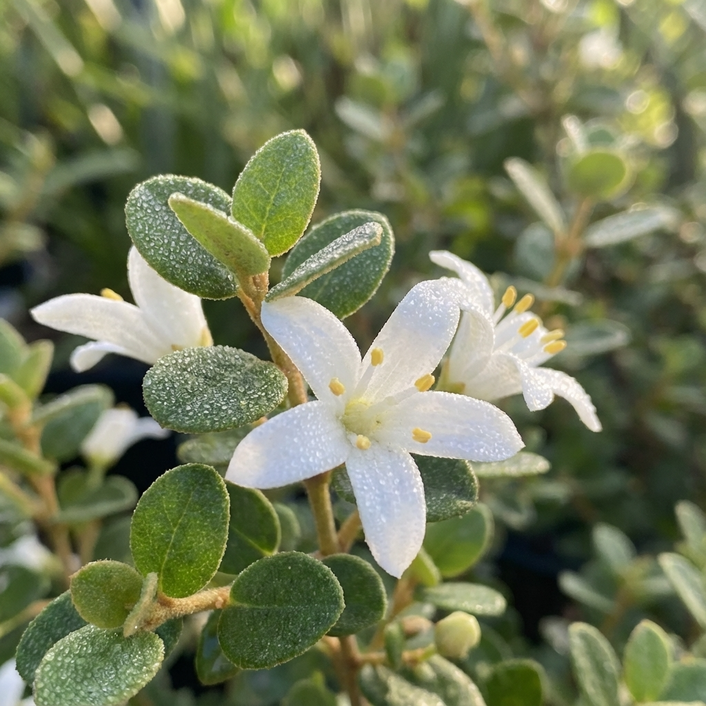 Close-up of Dwarf White Correa - Correa alba (Dwarf Form), an Australian native shrub with white flowers and dew-kissed green leaves. Coastal tolerant and elegant, shown against a softly blurred background.