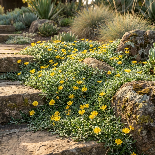 Silver Carpet (Dymondia margaretae), a drought-tolerant ground cover with yellow flowers and green foliage, grows between rocks along a sunlit stone garden pathway.