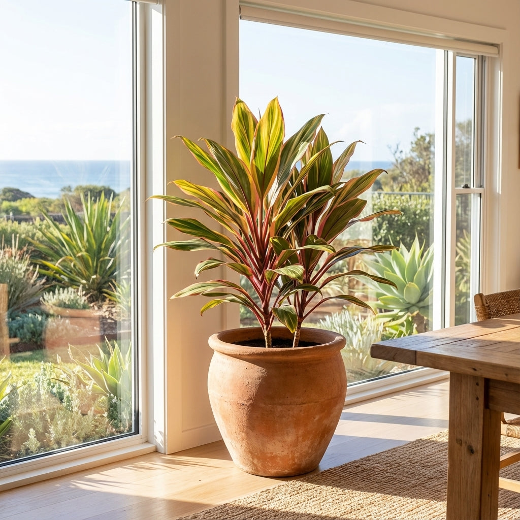 The Early Morning Diamond Cordyline (Cordyline fruticosa 'Early Morning Diamond') displays its variegated foliage by a sunny window, with vibrant leaves standing out against a backdrop of greenery and ocean views.