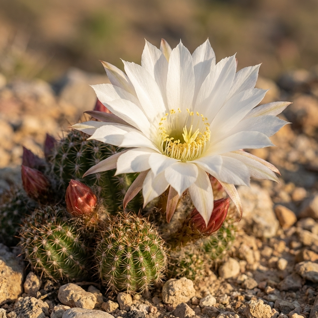 The Easter Lily Cactus - Echinopsis ‘Scoullar’ is a small, drought-tolerant cactus with spines, featuring a large white flower in full bloom and red buds on rocky ground.
