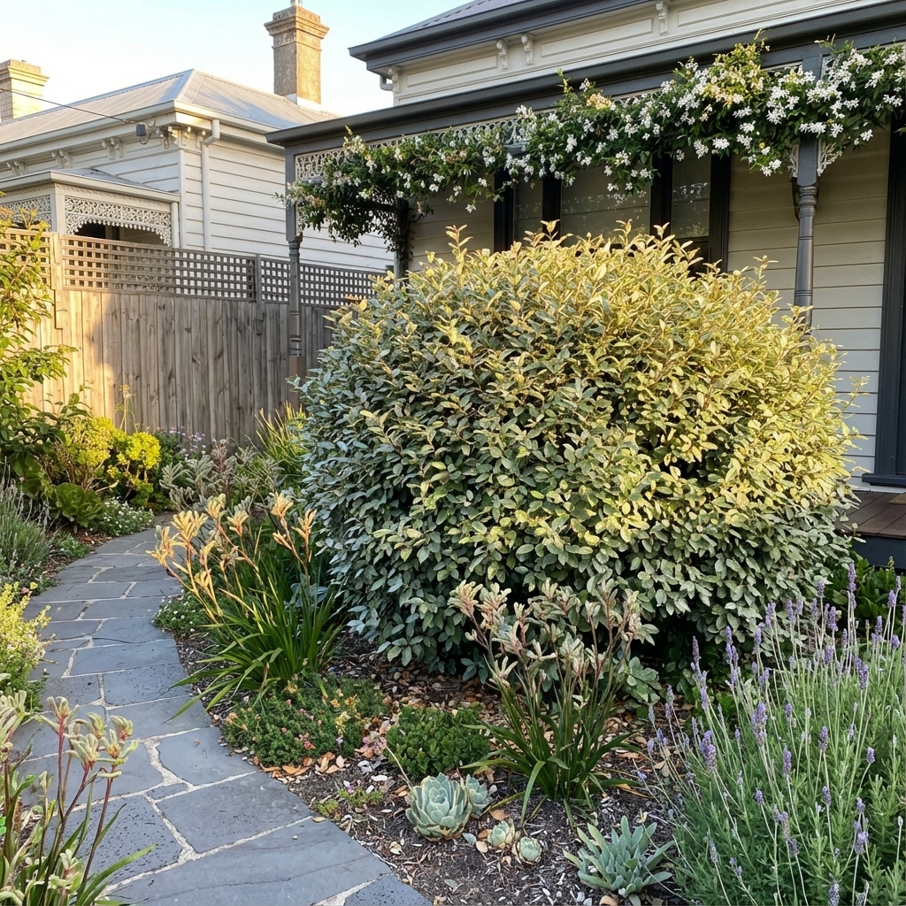 A curved stone path winds by a garden of shrubs and flowers, featuring Ebbing’s Silverberry (Elaeagnus × ebbingei), ideal as an evergreen shrub or privacy hedge, in front of a house with a porch and wooden fence.