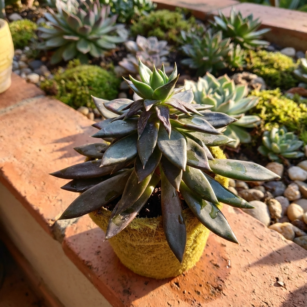 An Echeveria ‘Black Knight’ – Succulent with striking dark leaves rests on a brick ledge, accompanied by other drought-tolerant plants and lively moss.