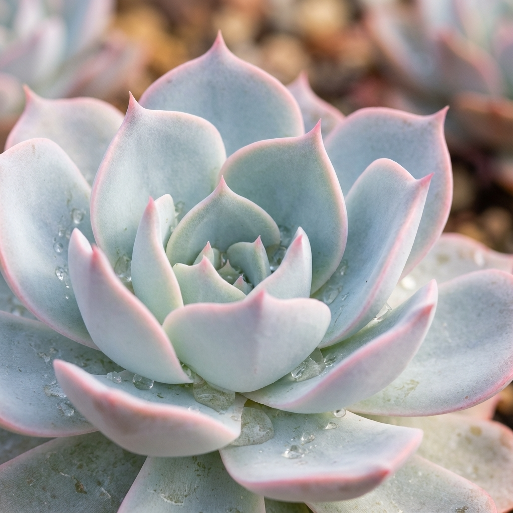 Close-up of Echeveria ‘Morning Beauty’ – Succulent, showing pale green, powder-blue rosettes with pink edges and water droplets on its leaves.