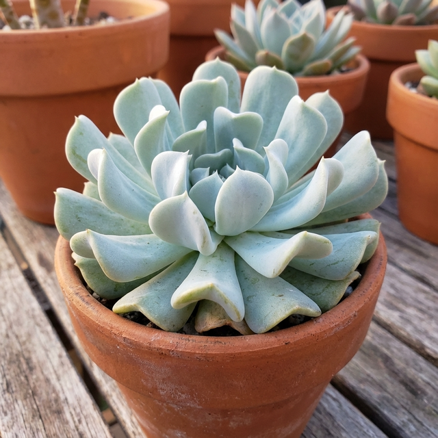 An Echeveria ‘Topsy Turvy’ – Succulent with pale green leaves sits in a small terracotta pot, surrounded by other drought-tolerant succulents on a wooden surface.