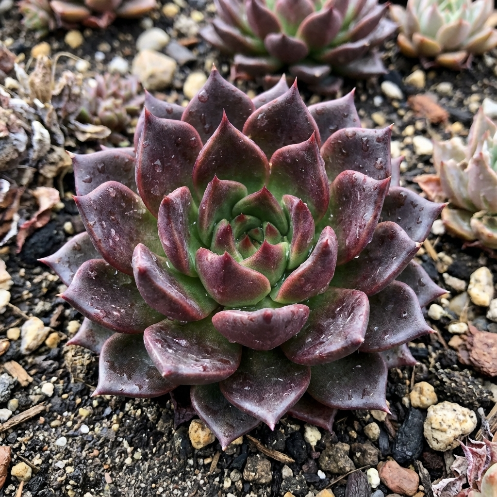 A close-up of Echeveria ‘Black Prince’ – Succulent, known for its deep purple and green leaves, growing in rocky soil.