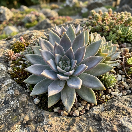 A close-up of Echeveria ‘Metallica’ – Succulent, a drought-tolerant plant with metallic leaves, thriving among small rocks in the sunlight.