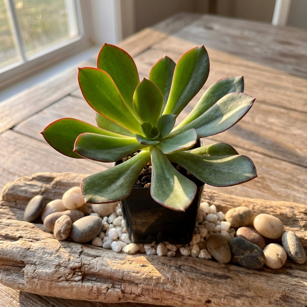 An Echeveria ‘Painted Lady’ – Succulent with blue-green rosettes sits in a black pot on driftwood, surrounded by pebbles on a sunlit wooden table.