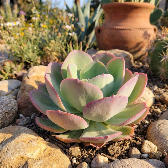 A close-up of Echeveria ‘Blue Curls’ – Succulent reveals its ruffled green and pink leaves thriving among rocks in a sunlit garden—an eye-catching, drought-tolerant plant.