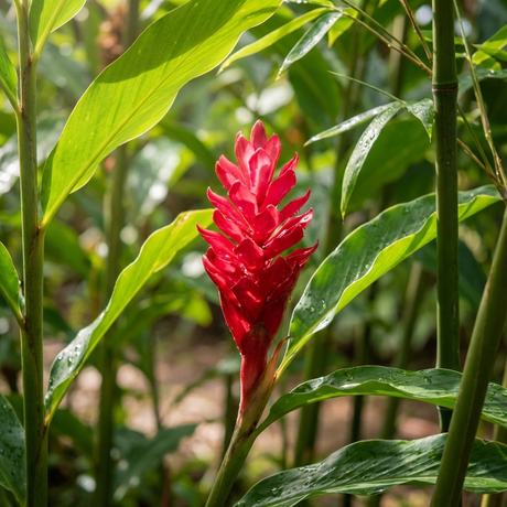 Edible Ginger (Zingiber officinale) displays bright red flowers blooming among tall green leaves in sunlight, highlighting the beauty of this tropical plant.