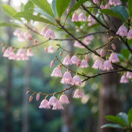 Delicate pink bell flowers of Elaeocarpus reticulatus ‘Prima Donna’ hang from green branches of this evergreen tree, glowing softly in natural light.