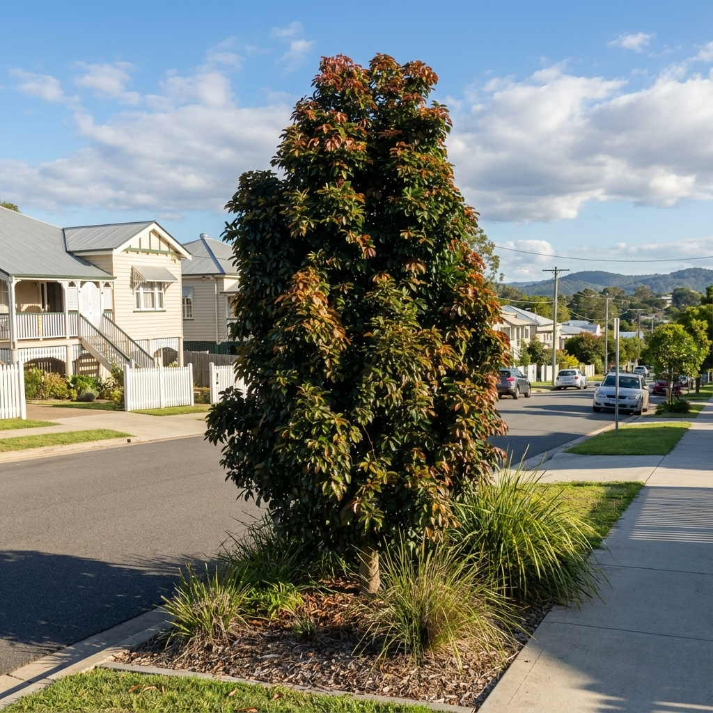 Eumundi Quandong Tree (Elaeocarpus eumundi), a small Australian native, grows amid grass on a suburban street with houses and mountain views, providing natural privacy screening.