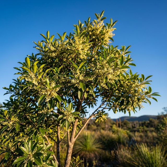 The Hard Quandong Tree (Elaeocarpus obovatus) is a small Australian native with green leaves and clusters of yellowish flowers, ideal for gardens seeking unique native blooms.