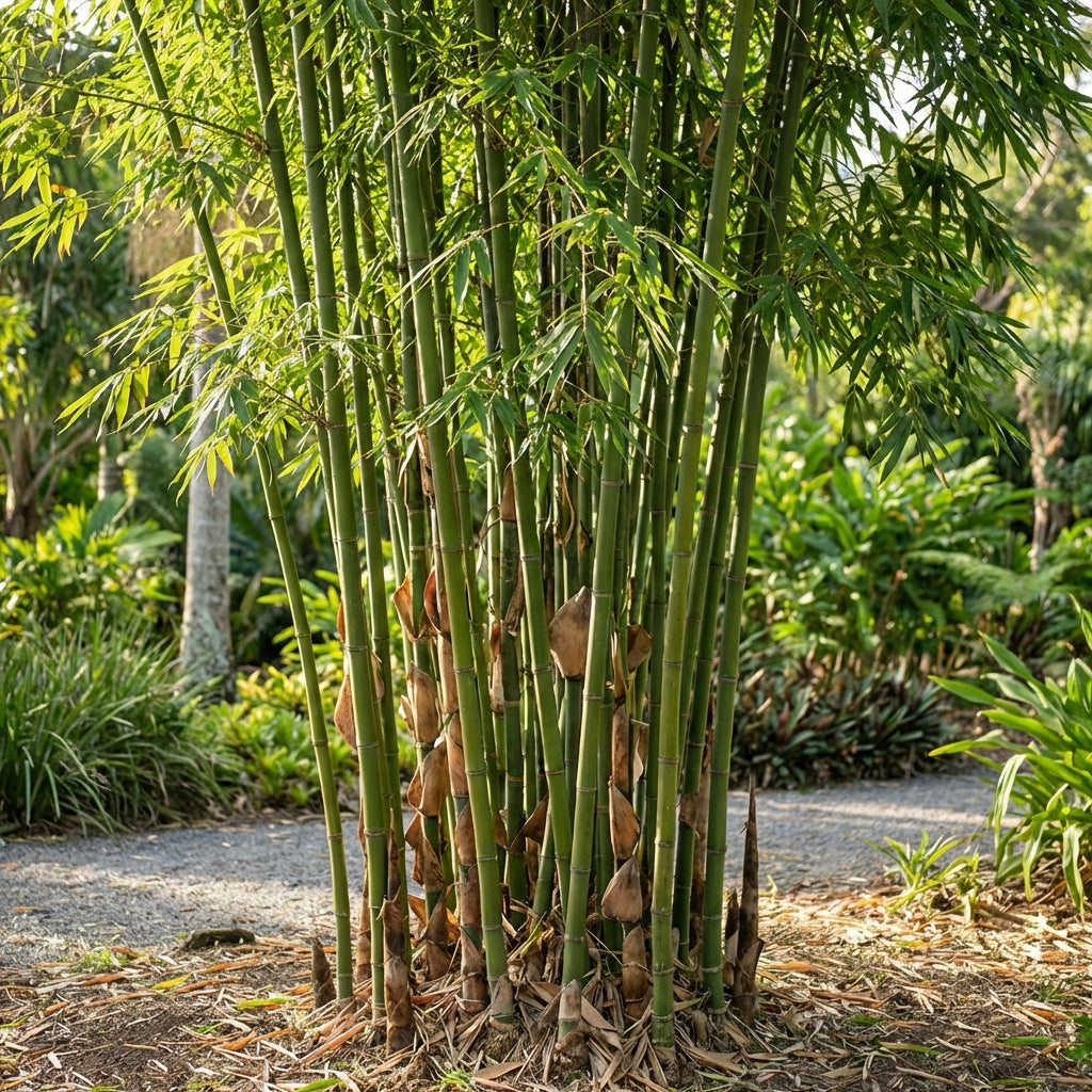 Elatus Bamboo (Nastus elatus) with lush green leaves lines a gravel path, forming a natural privacy screen in the garden.