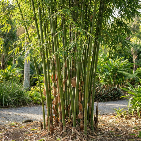 Elatus Bamboo (Nastus elatus) with lush green leaves lines a gravel path, forming a natural privacy screen in the garden.