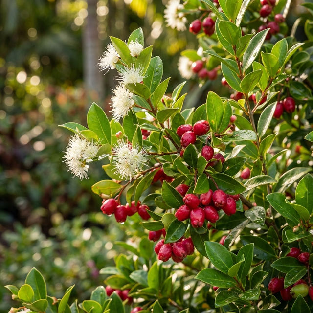 Elite Lilly Pilly - Syzygium australe 'Elite' is a fast-growing, psyllid-resistant hedge featuring white fluffy flowers and clusters of red berries—ideal for sunlit gardens.