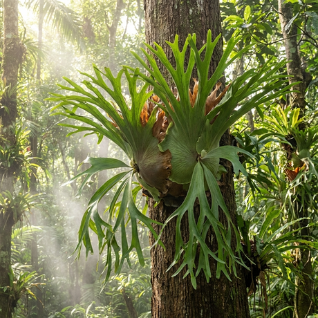 The Elkhorn Fern - Platycerium bifurcatum, a low-maintenance plant ideal for vertical gardening, thrives on a tree trunk in a sun-drenched, tropical forest.