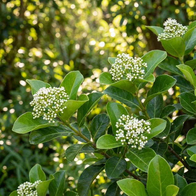 Emerald Lustre Viburnum (Viburnum odoratissimum 'Emerald Lustre') features glossy green leaves and clusters of white flower buds, making this evergreen shrub perfect for a sun-loving privacy hedge.