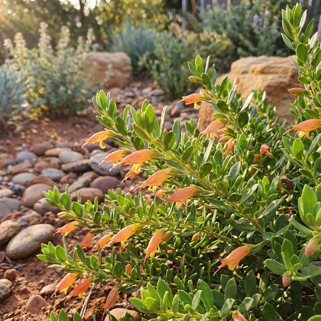 The Emu Bush - Eremophila ‘Roseworthy’ spp. features orange tubular flowers and lush foliage, thriving among rocks in sunlight. This Australian native is a striking, drought-tolerant shrub perfect for any garden.