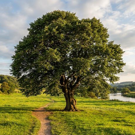 The English Elm (Ulmus procera) stands by a dirt path in a grassy field under a partly cloudy sky, making it an ideal landscape tree.