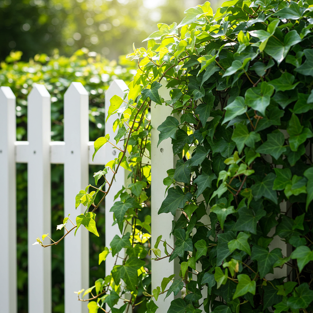 A white picket fence covered with English Ivy - Hedera helix 'Green', an evergreen ground cover, set against a sunlit garden backdrop.