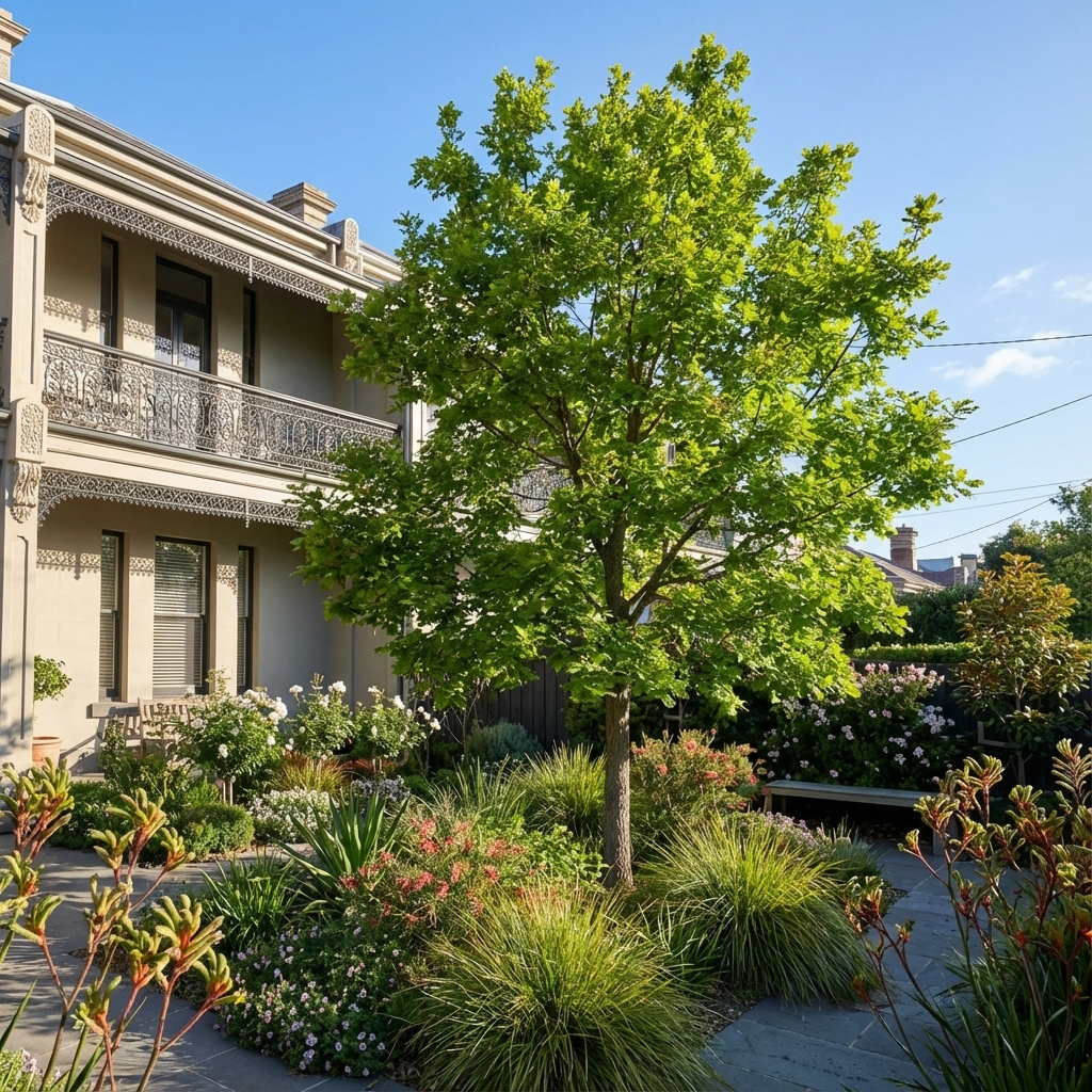 An English Oak (Quercus robur) enhances the landscape outside a two-story house with decorative ironwork, bringing beauty and greenery to the garden.