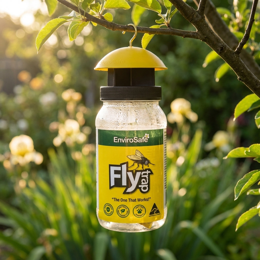 The Envirosafe Fly Trap, featuring pesticide-free eco-bait, hangs from a tree branch in a sunlit garden among blooming flowers and lush greenery.