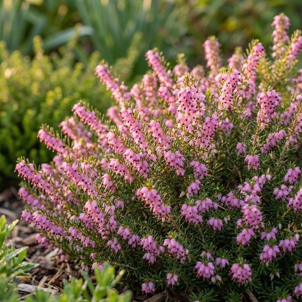 Erica ‘Darley Dale’ – Darleyensis heather displays pink winter blooms in the garden, its evergreen foliage bright and vibrant beneath gentle sunlight.