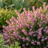 Erica ‘Darley Dale’ – Darleyensis heather displays pink winter blooms in the garden, its evergreen foliage bright and vibrant beneath gentle sunlight.