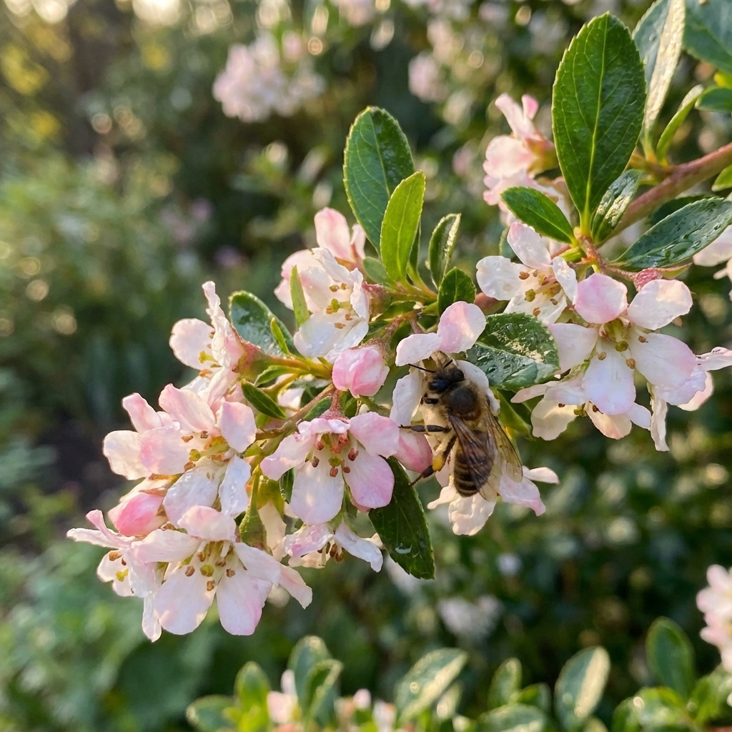 A bee gathers nectar from clusters of pink and white flowers on the Escallonia ‘Apple Blossom’, an evergreen shrub, in sunlight.