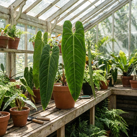Esmeraldense Philodendron (Philodendron esmeraldense) with large green leaves decorates wooden shelves inside a sunlit greenhouse as part of a potted indoor tropical plant display.