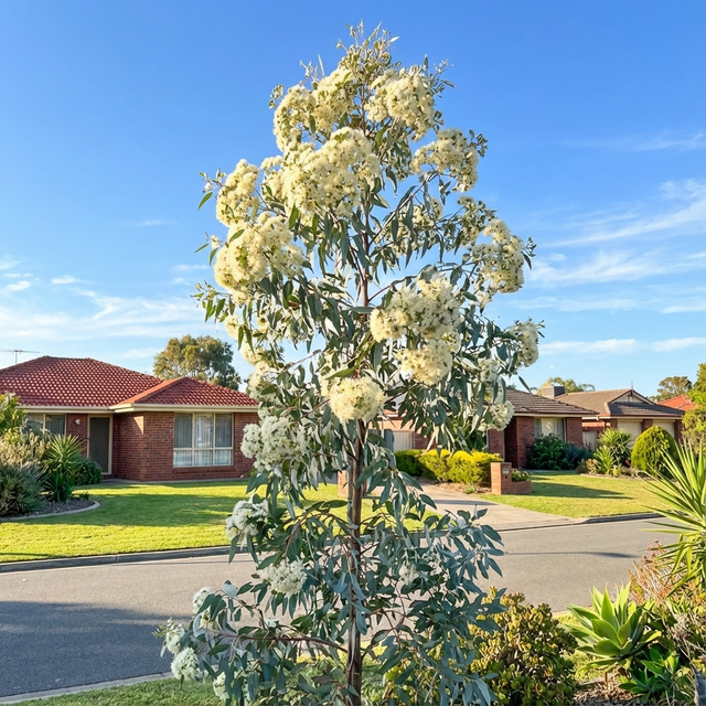 Eucalyptus curtisii - Eucalyptus curtisii, a native feature tree with clusters of white flowers, stands in front of suburban houses on a sunny day.