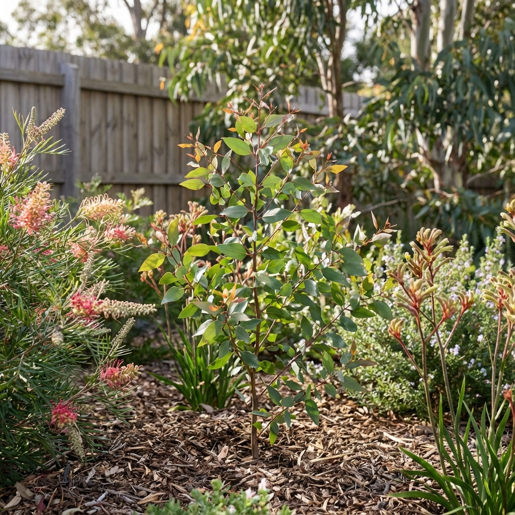 Eucalyptus olivacea ‘Summer Scentsation’—a young compact flowering gum in a mulched garden, bordered by vibrant blooms and a wooden fence; an attractive Australian native plant addition.
